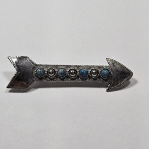Silver Tone Arrow Brooch Or Tie Pin with Blue Turquoise Colored Stones